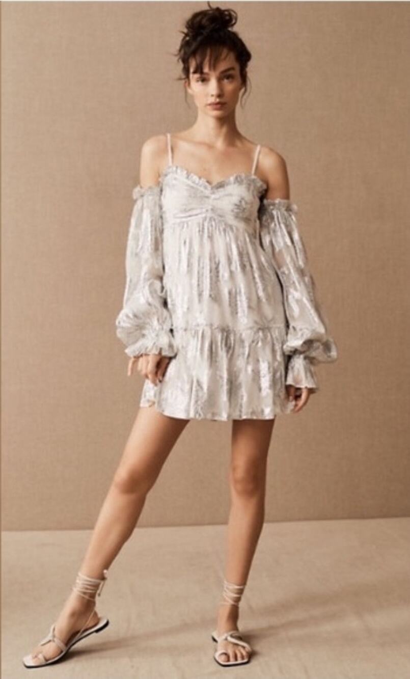 NEW $328 Rococo Sand Elia Top White Silver Metallic Jacquard Off Shoulder Dress